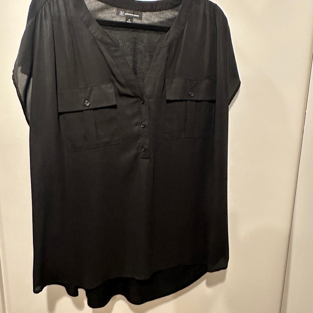 INC International Concepts Black V-Neck Short Sleeve Blouse 2X - Picture 2 of 7